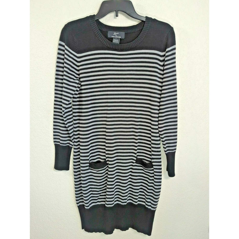 Lennie Nina Leonard Sweater Dress Y2K Large Black Gray Striped Knit Pockets